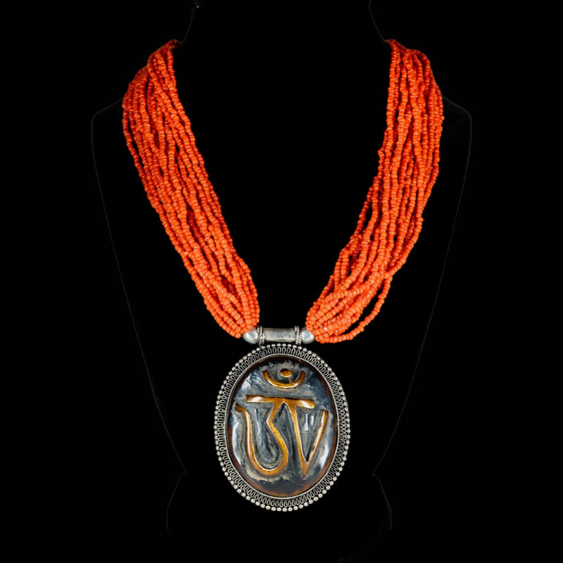 Om Pendent with Faux Red Coral Bead Strands Necklace image 2