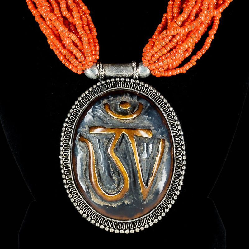 Om Pendent with Faux Red Coral Bead Strands Necklace image 3