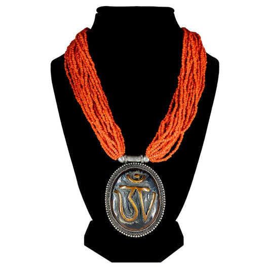 Om Pendent with Faux Red Coral Bead Strands Necklace - TIBET HOUSE US NYC