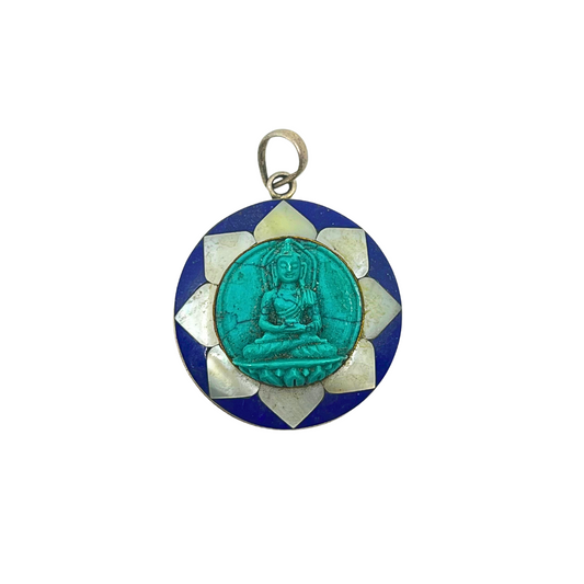 Sterling Silver with Hand Carved Turquoise Buddha Pandent in Mother Pearl shell - TIBET HOUSE US NYC