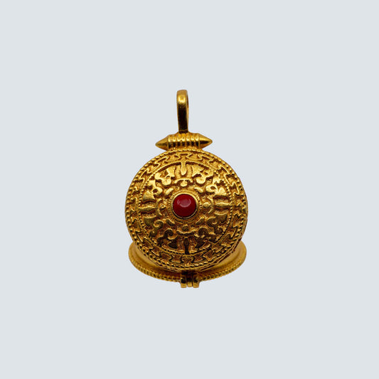 Golden Brass Double Dorjee Amulet (Coral in the middle)