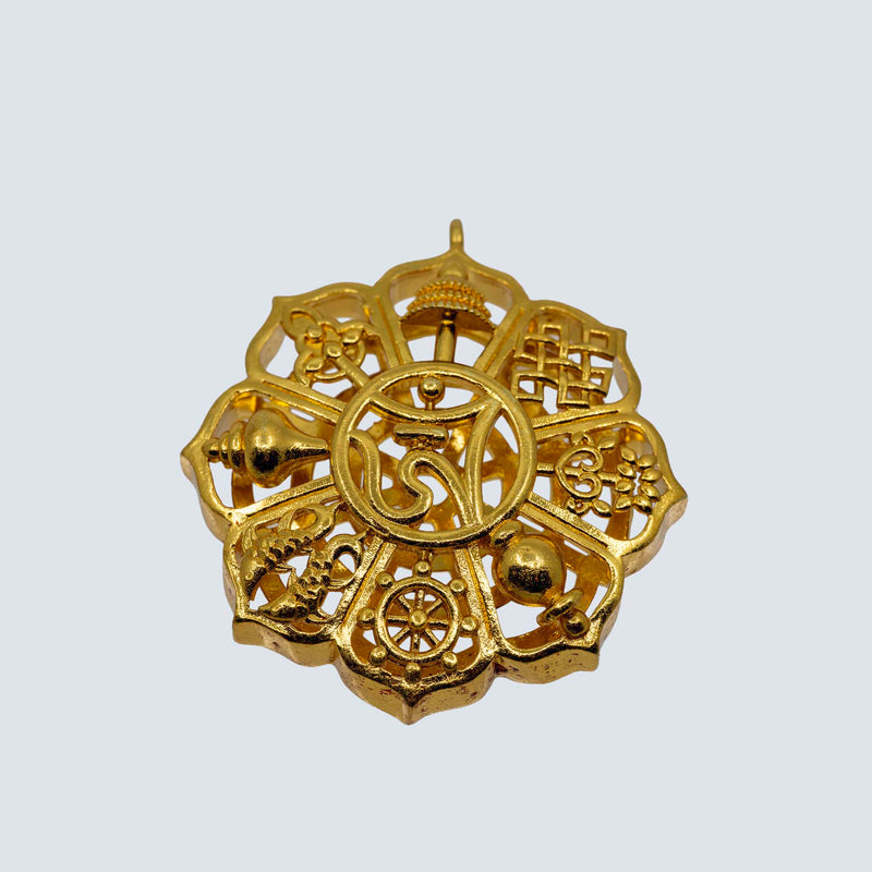 8 Auspicious Symbol & Tib. Om Golden Brass Pendant image 1