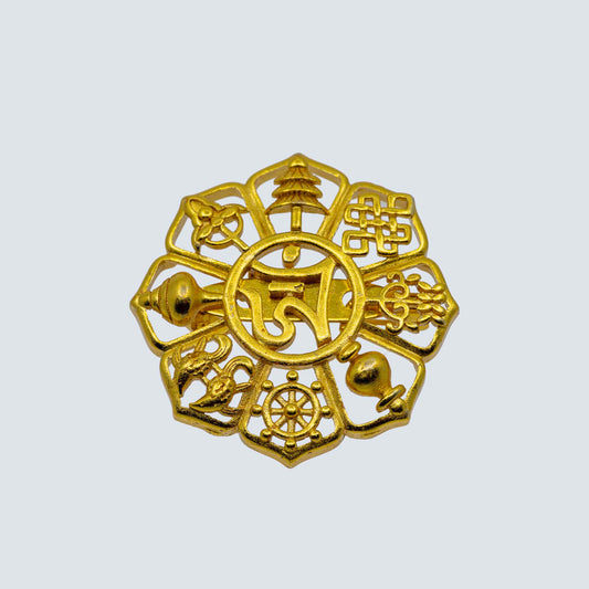 8 Auspicious Symbol & Tib. Om Golden Brass Broach
