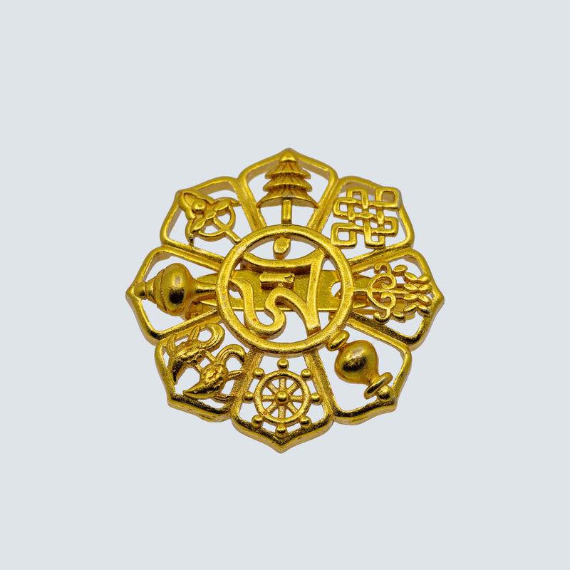 8 Auspicious Symbol & Tib. Om Golden Brass Broach image 1