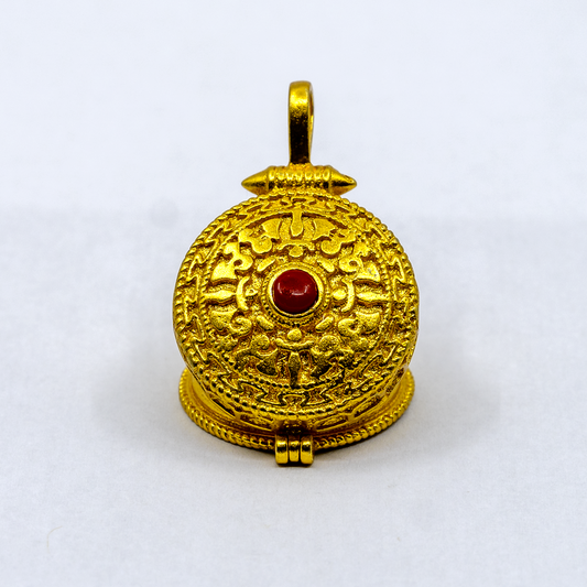 Golden Brass Double Dorjee Amulet (Coral in the middle)