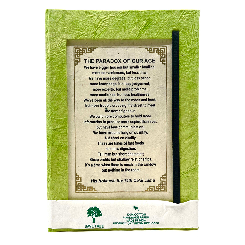 HHDL Quotes Notebook - The Paradox of our Age (Green & white)