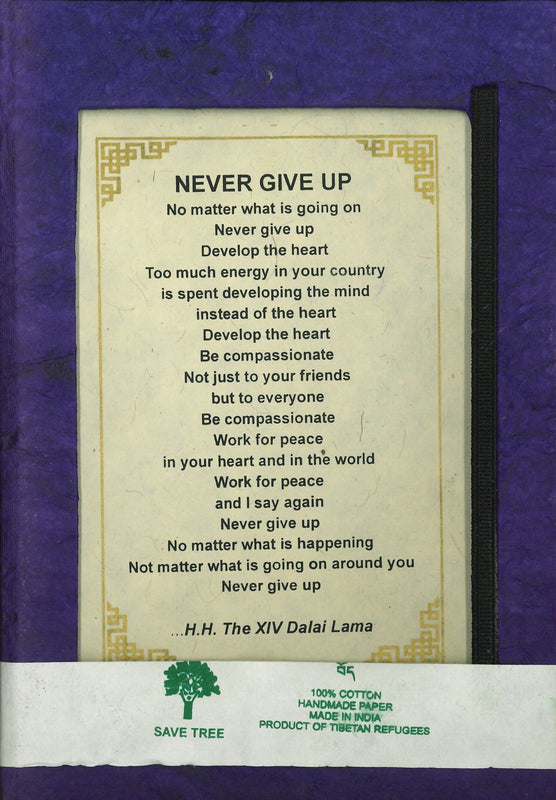 Lokta Paper Journal - Dalai Lama Quote: Never Give Up (Purple 5.5