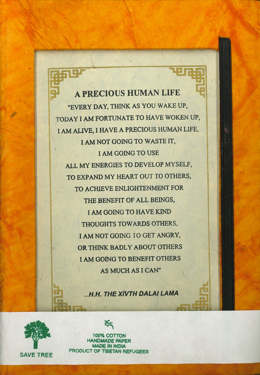 Lokta Paper Journal - Dalai Lama Quote: A Precious Human Life (Orange 5.5"X8") - TIBET HOUSE US NYC
