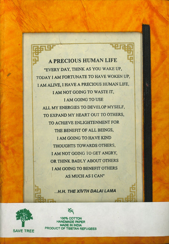 Lokta Paper Journal - Dalai Lama Quote: A Precious Human Life (Orange 5.5