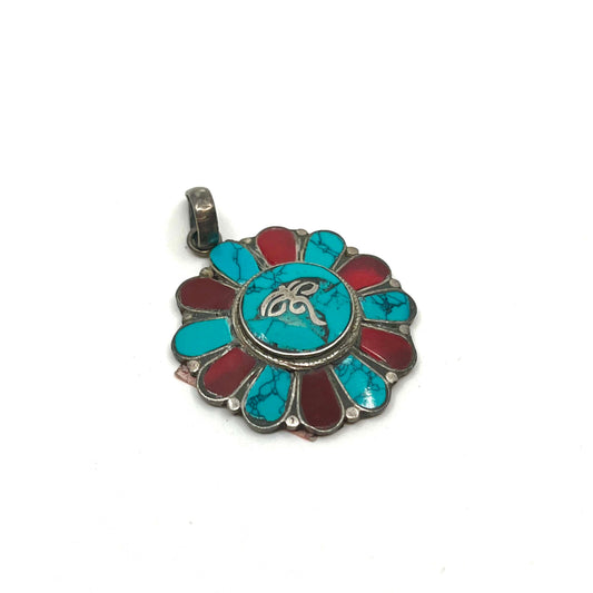 Silver & Turquoise Amulet - flower shape buddha eyes